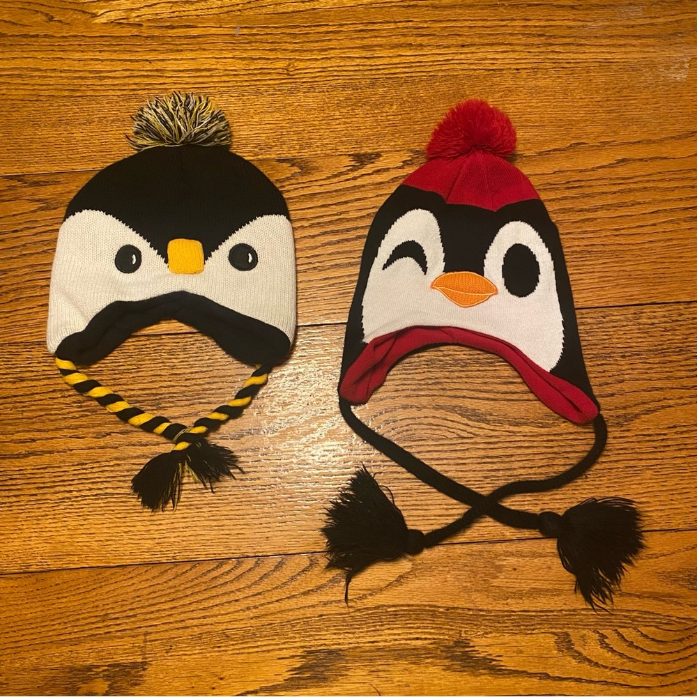 2-Pack Penguin Winter Hats | Knit Earflap Beanies with Pom Pom
